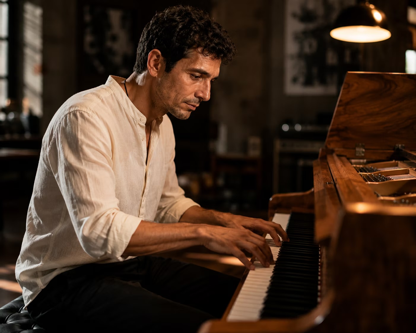 NERIAN VESPER playing a wooden grand piano in a warm studio